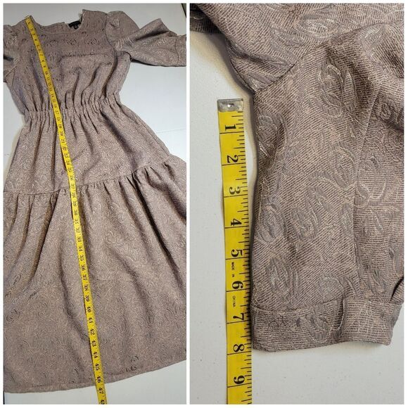 Current Air Taupe Floral Jacquard Puffed Sleeve Teired Midi Dress Back Cutout - Picture 9 of 10